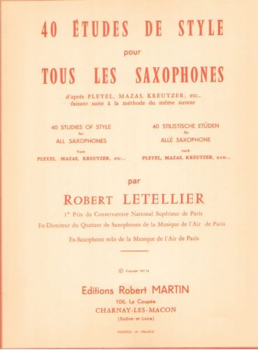 couverture Quarante tudes de Style Pour Tous les Saxophones Editions Robert Martin